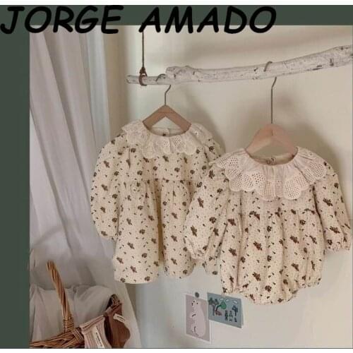 2020 Autumn Sister Clothing New Girls Dress Lace Collar Floral Cotton Princess Dress Jumpsuits for Girls Kid Clothes GC0512