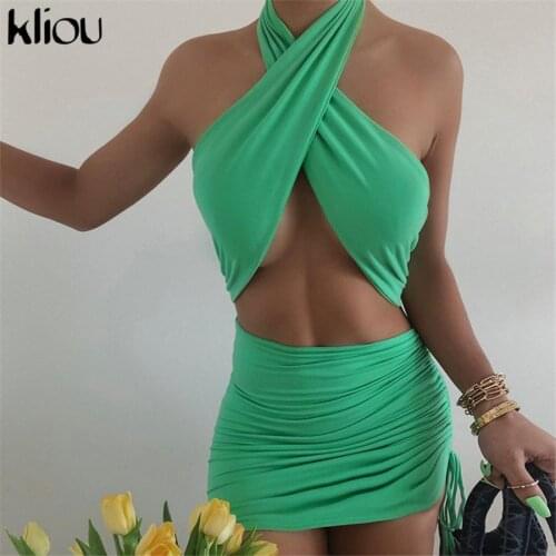 Kliou Drawstring Halter Neck Party Dresses Ruched Backless Hot Sexy Club Night Birthday Outfit Women Skinny Mini Summer Dress