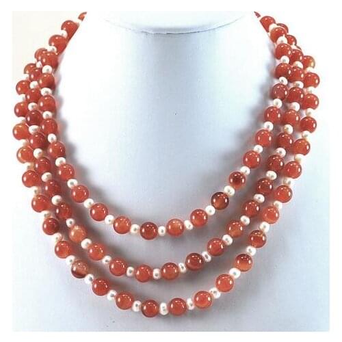 Beautiful 3 Strands Carnelian & Freshwater Pearl magnet Clasp 18"
