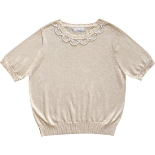 Summer Vintage Short Sleeve Knitted Sweaters Women Jumper Beaded Pearl Girls Cute Tops Kawaii Korean Fashion Yellow Pullover