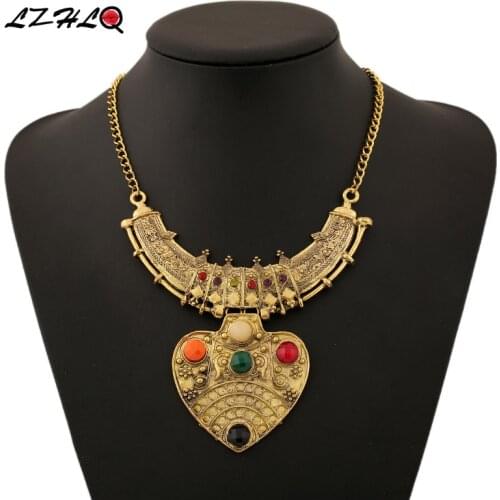 LZHLQ Romantic Heart Pendant Necklace Vintage Ethnic Carved Metal Rhinestone Necklaces For Women Fashion Brand Jewelry Statement
