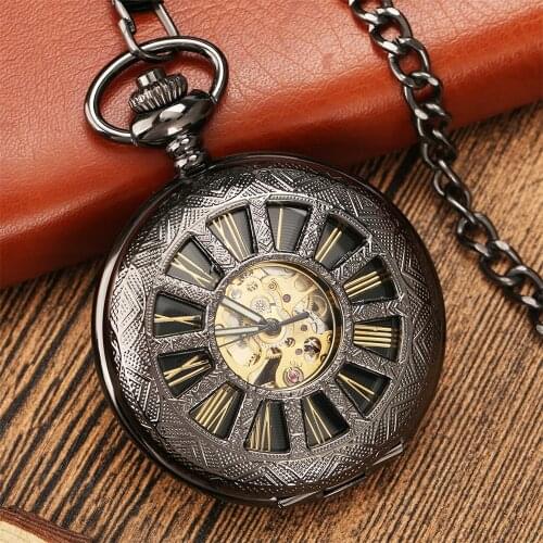 Mechanical Self Winding Pocket Watch Hollow Wheel Gold Roman Numerals Display Antique Pendant Pocket Timepiece with Thick Chain