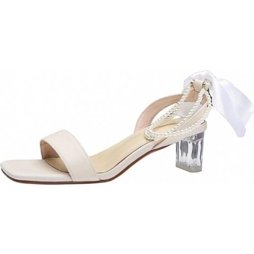 2021 Summer New Style Fashion Beautiful Handmade Casual Ladies High Heel Sandals Soft And Comfortable Pearl Strap Womens Shoes