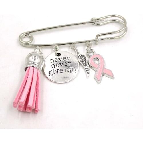 New Arrival Breast Cancer Awareness Brooch Pin never give up Breast Cancer Pink Ribbon Pin Brooch Safety Pins
