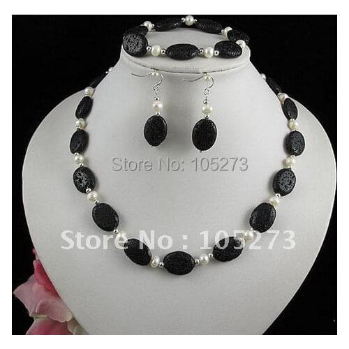 Charming!Christmas pearl jewelry set AA 6-7mm white Genuine freshwater pearl& black lava & silvers beads free shipping A2451
