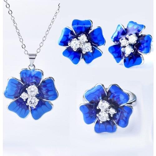 KOFSAC 2020 Female Blue Enamel Flower Jewelry Set For Women Fashion 925 Silver Earrings Rings Necklace Set Lady Anniversary Gift
