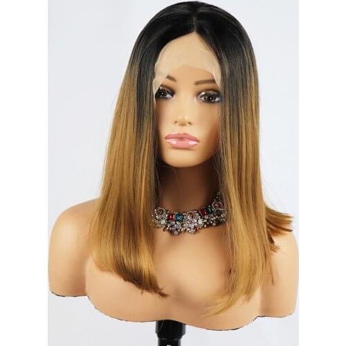 Ombre Brown Synthetic Lace Front Wigs Shoulder Length Dark Roots Blonde Straight Bob Wigs for Women Party Daily Wear HD Lace Wig