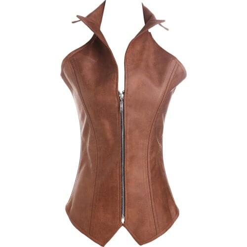 Sexy Faux Leather Corset Sexy Brown Zipper Steampunk Corset Overbust Lace Up Back Vest Corset Corselet Espartilhos for Women