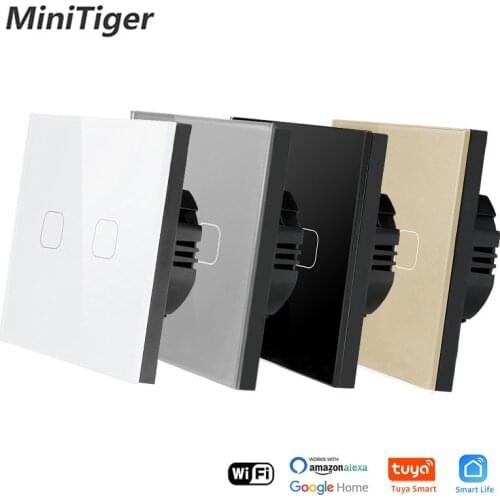 Minitiger Crystal Tempered Glass 2 Gang Tuya/Smart Life WIFI Light Touch Switch EU Standard Wireless Control Touch Switch