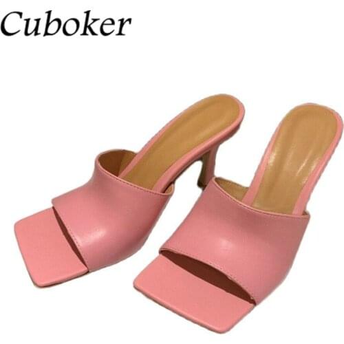 Hot Sale Slippers Woman Thin High Heels Square Toe Leather Slides Pink Summer Ladies Mules Runway Party Dress Shoes Women Mujer