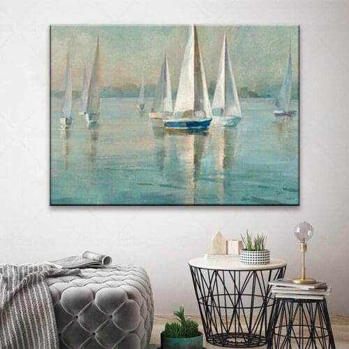Modern Wall Art Canvas Seascape Poster Nordic Wall Picture for Living Room Boat Sea Canvas Painting Bedside Background