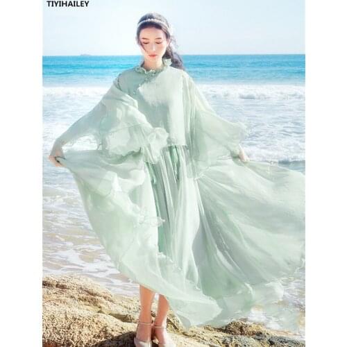 TIYIHAILEY Free Shipping Long Maxi Skirt And Full Sleeve Tops One Set Spring Autumn Women Chiffon Boshow S-L Green Two Piece