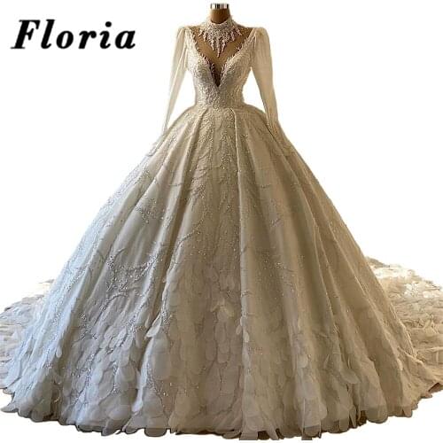 Gorgeous Saudi Arabia Beaded Wedding Dresses Vestido De Noiva 2020 Muslim Dubai Ball Gown Bride Dress Arabic Pearls Bridal Gowns