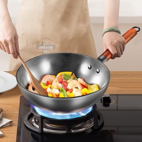 Fypo Chinese Traditional Handmade Iron Wok Non-stick Pan Non-coating Gas and Induction Cooker Cookware Kitchen pot pans