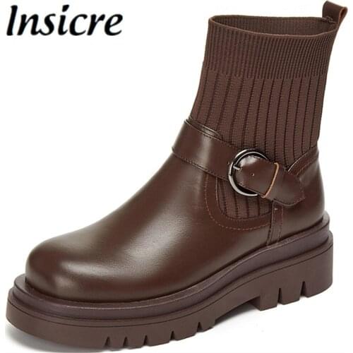 Insicre Thick Soled Martin Ankle Boots Women 2021 Autumn New British Style Fashion Round Toe Elastic Knitting Platform Shoes