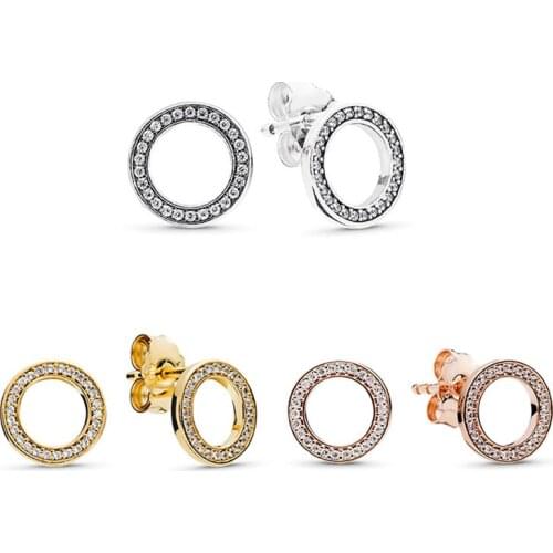 Genuine 925 Sterling Silver Rose Sparkling Circular Forever With Crystal Pan Earrings For Women Wedding Fashion Jewelry