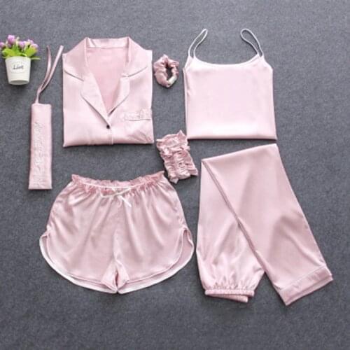 Women Silk 7 Piece Satin Pajama Set Lounge Wear Pajamas Sexy Sleepwear Pyjamas Silk For Women Summer Pcs Pijamas New