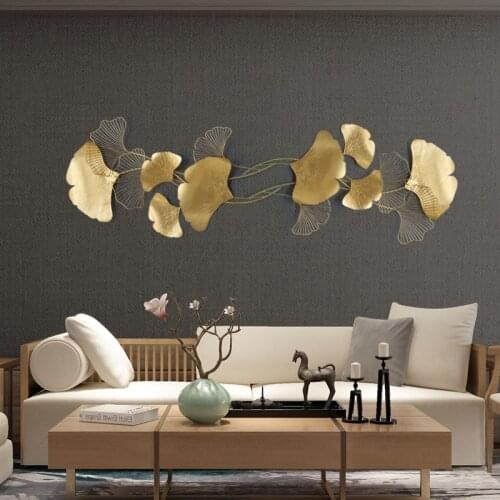 Golden Modern Luxury Wrought Iron Wall Hanging Ginkgo Leaf Crafts Decoration Home Background Wall Sticker Porch Metal