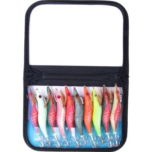 10Pcs Fishing Lure Bag Colorful Squid Jigs Set 2.5# 3.0# 3.5# Hook Artificial Wooden Shrimp Bait