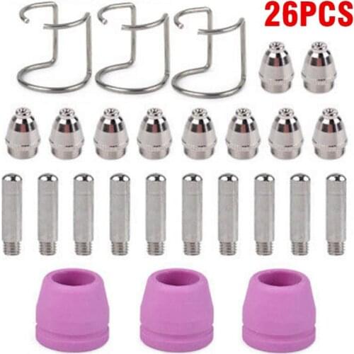 26Pcs Plasma Cutting Consumbles Torch Tips Electrodes Ceramic Shield Cups Guide Ring Cutter Torch Set for SG-55 AG-60 WSD-60