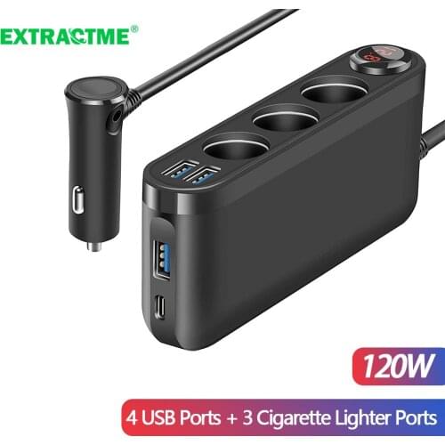 Car Cigarette Lighter Adapter Splitter 120W QC3.0 USB Car Charger Fast Cigarette Lighter Socket 4Port Voltmeter Auto Accessories