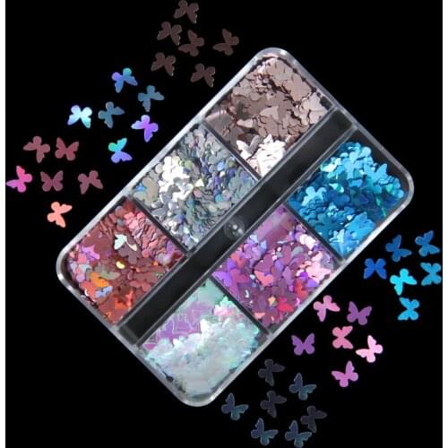 6 Grids Holographic Nail Glitter Butterfly Star Shape Sequins 3D Sparkly Flakes Paillette Manicure DIY Nail Art Decorations