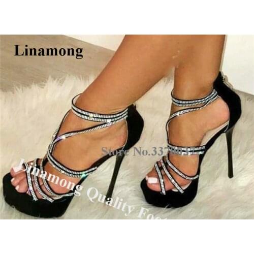 Linamong Bling Bling Rhinestone Thin Straps High Platform Stiletto Heel Sandals Shining Crystal Straps Cross HIgh Heel Sandals