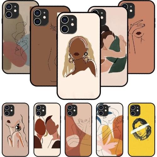 For iPhone 11 12 8 Plus Mini Pro X XR XS Max 4 5 7 6 6S 8 SE Phone Case Black Cover Waterproof Minimalist Face artwork Sketch