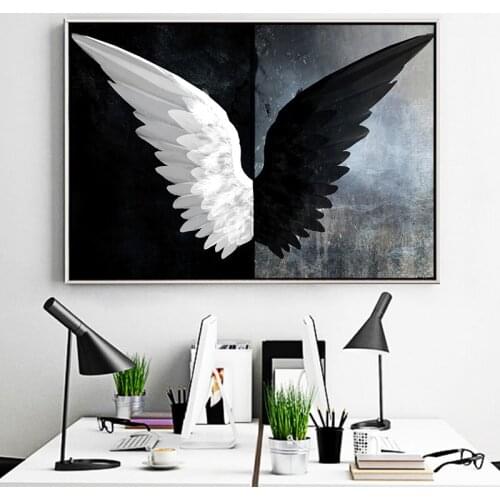 Black and White Powerful Feather Wings Canvas Painting Scandinavian Posters and Prints Wall Art Picture for Living Room Cuadros