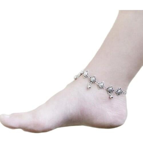 Gypsy Antique Silver Turkish Flower Ball Anklet Ankle Bracelet Beach Foot Jewelry Ethnic Tribal Festival 1Pc