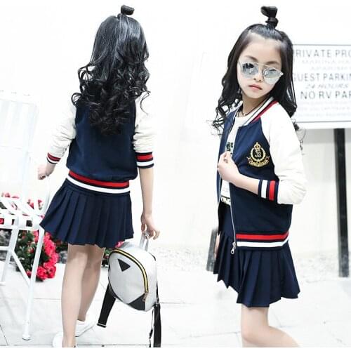 2019 Spring Autumn Teenage Girls Clothing Two Piece Set Childrens School Uniform Coat with Skirt Sport Suit Kids Girl Tracksuit