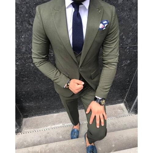Three Piece/Set Business Party Best Men Suits Peak Lapel 2021 Army Green One Button Custom Made Wedding Clothing Mens Sets