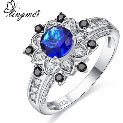 Lingmei New Come Round Cut Blue Black & White CZ Silver ColorRing Size 6-9 Luxury Elegant Women Nice Jewelry Wholesale