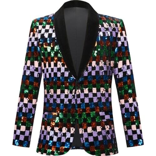 Bar Stage Male Singer Sequins Blazer Multi-color Plaid Velvet Slim Tuxedo Stylish Mens Host Performance Suit Jackets Plus Size
