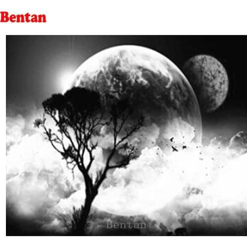 5D Diamond Painting Kit Moon Tree Landscape Black And White Art Diamond Embroidery Full Square round Drill Beaded DIY Rhinestone
