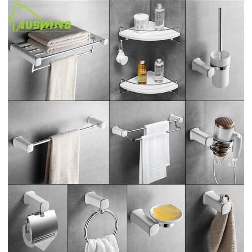 Bathroom Accessories White Spray Paint 304 Stainless Steel Towel Rack Bathroom Hardware Set Robe Hook Paper Holder Wall Mounted