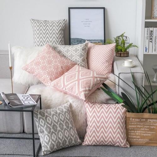 Nordic Geometric Embroidery Pillow Cover Grey Pink Geometry Embroidered Cushion Cover Linen Cotton Pillow case 45x45cm 18"