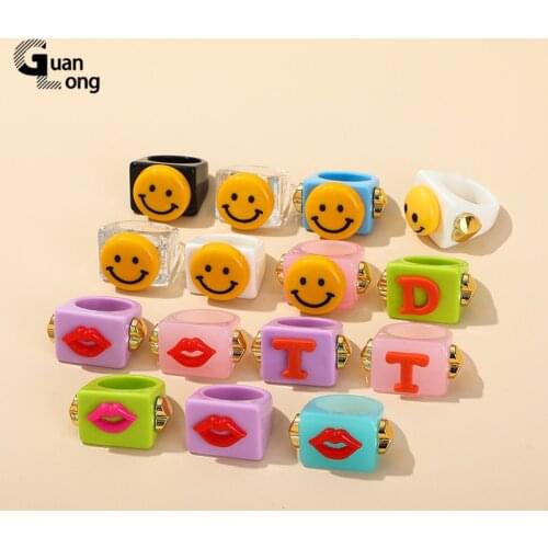 New Colorful Round Smiley Cute Irregular Transparent Resin Acrylic Thick Rings For Women And Girls Jewelry Gifts wholesale