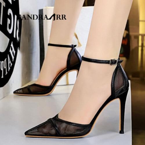 SANDRA JRR Women Sandals Summer High Thin Heels Mesh Pumps Sexy Fashion Pointed toe Ankle Buckle Party Club Sandals Plus Size 43