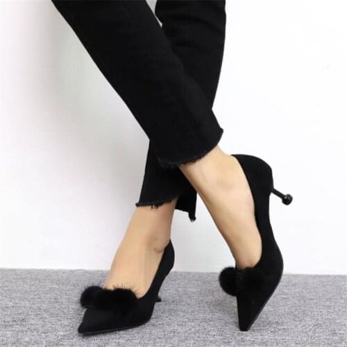 Pumps Women Shoes Hairball decoration Flock Slip-On Shallow Wedding Party Pointed Toe 6CM Thin High Heels Pump Chaussures Femme