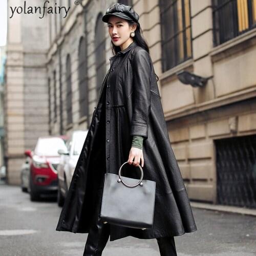 Long Sheepskin Coat 100% Real Leather Jacket Women Spring Autumn Vintage Windbreaker Streetwear High Quality Veste Femme KJ7053