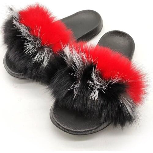 Womens Fox Fur Slippers Furry Shoes Ladies Colorful Fashion Fluffy Slides Female Casual Beach Flat Sandals Big Size Flip Flops