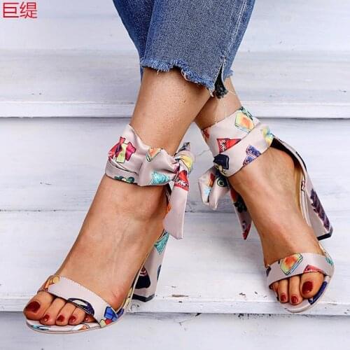 Women sandals cloth Lace Up 8CM Thick heel High heels Round Toe Butterfly-knot Shallow sandal women shoes 2020 size 35-42