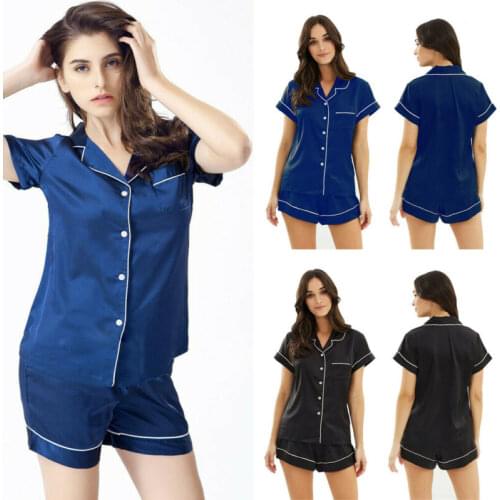Women Girl Silk Satin Pajamas Set Lady Girls Short Sleeve Button-Down Sleepwear Nightwear Accessories
