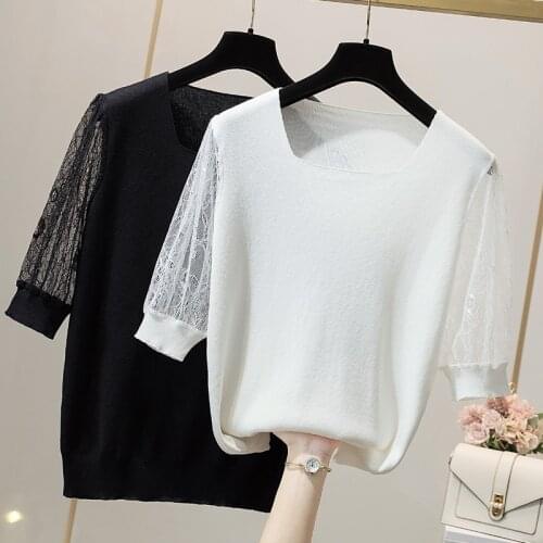 L-4XL large size women lace Patchwork sweater pullover 2021 short sleeve square collar loose casual Oversized thin sweaters top