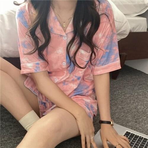 Printed Summer Pajamas Set Women Single Breasted Shirts + Shorts Set Two Piece Home Suit Casual Sleepwear Loose Soft