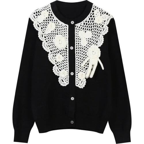 2021 Autumn Vintage Sweater Cardigans Women Black Knit Tops Floral Embroidery Long Sleeve Casual Fashion Streetwear Korean Lady