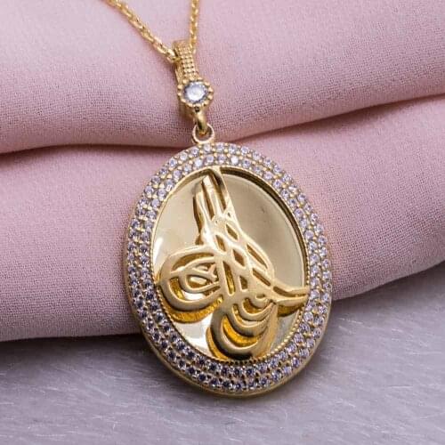 925 Sterling Silver Gold Plated Women Necklace with Circular Ottoman Sign
