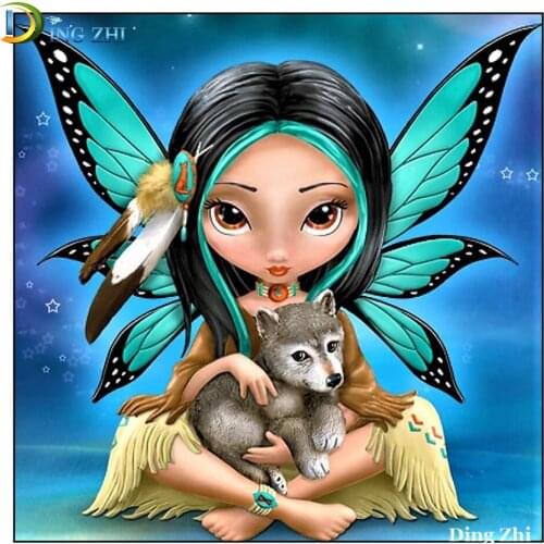 Diy 5D Diamond Painting Cartoon Butterfly Fairy With Little Wolf Cub Full Square Round Drill Mosaic Embroidery Cross Stitch Kit