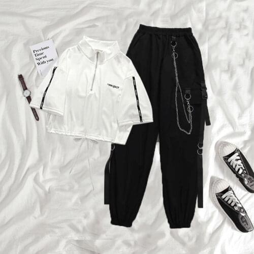 Women Punk Pockets Cargo Pants Set Joggers Elastic Waist High Streetwear Harajuku Pants with Chain Female Emo Egirl Clothes